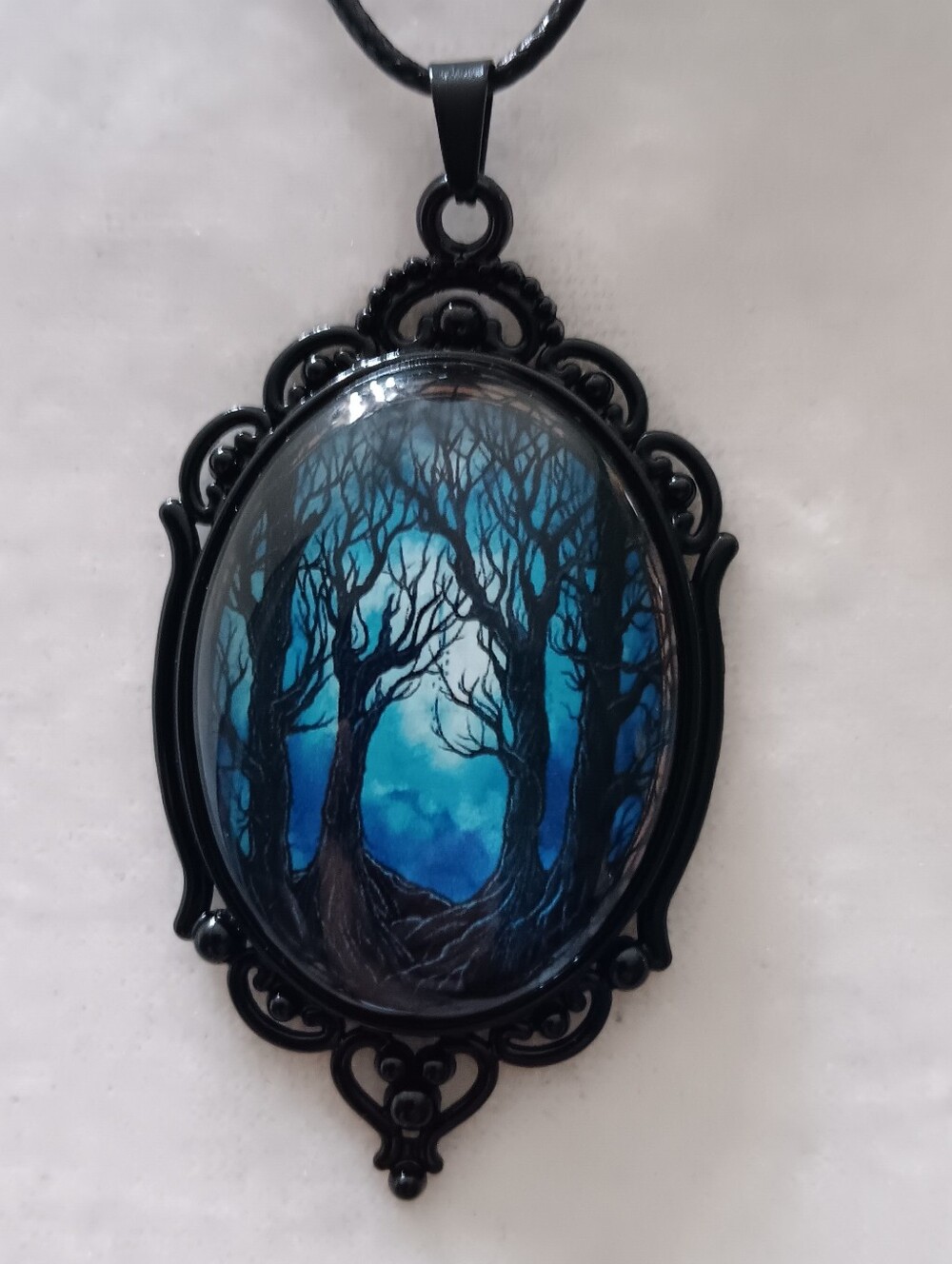 Enchanted Haunted Forest Blue Fantasy Pendant Necklace, Gothic Witchy Fairycore